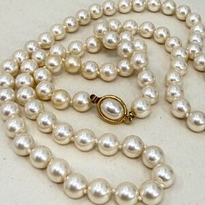 Classic Faux Pearl Necklace Knotted Gold Tone Clasp Vintage Long Layering
